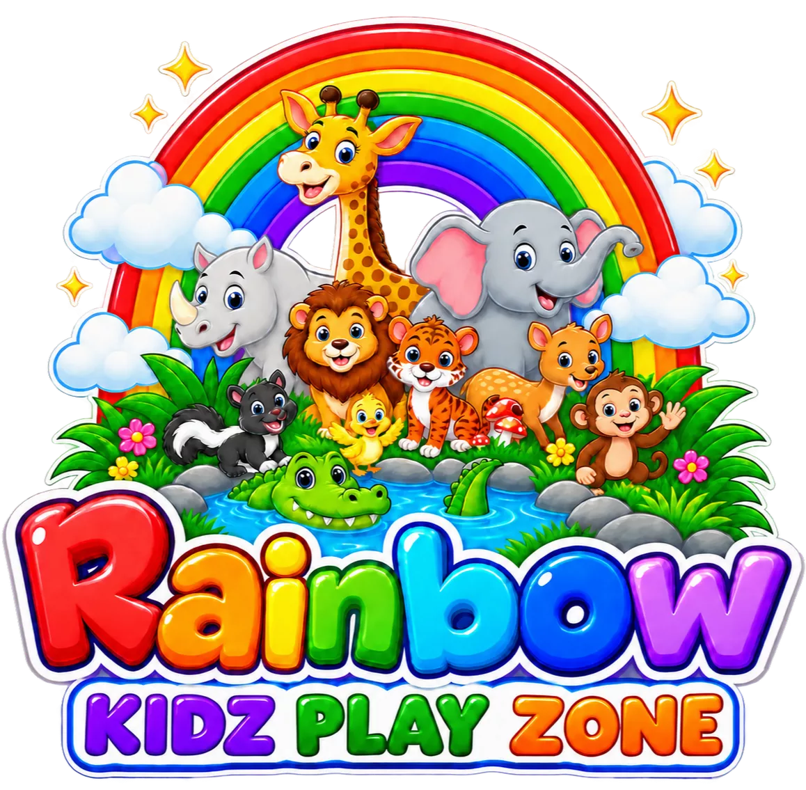 Rainbow Kidz Play Zone logo with a rainbow and illustrated animals